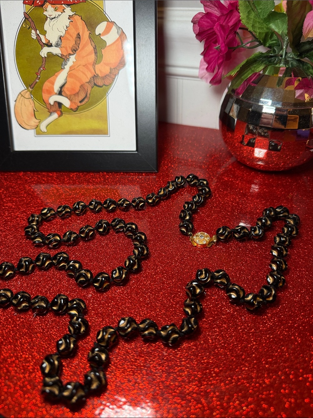 Vintage Black & Gold Glass Bead Long Rope Necklace